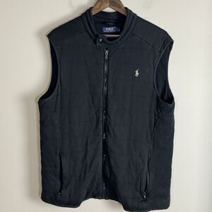 POLO RALPH LAUREN Mens Black Quilted Vest Size L Preppy Band Collar Logo